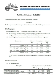 Wasserverband Oleftal, Screenshot eines PDF Dokumentes. Inhalt: Tarifübersicht 2025.